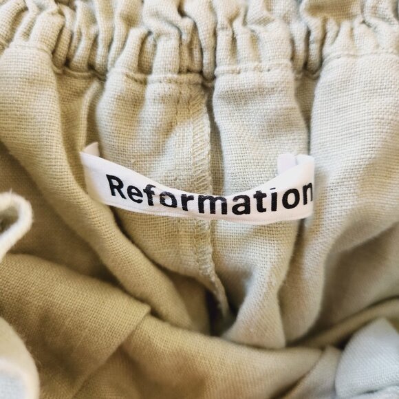 Reformation 100% Linen Sycamore Off Shoulder Midi Dress in Dried Herbs Green S - Picture 9 of 9